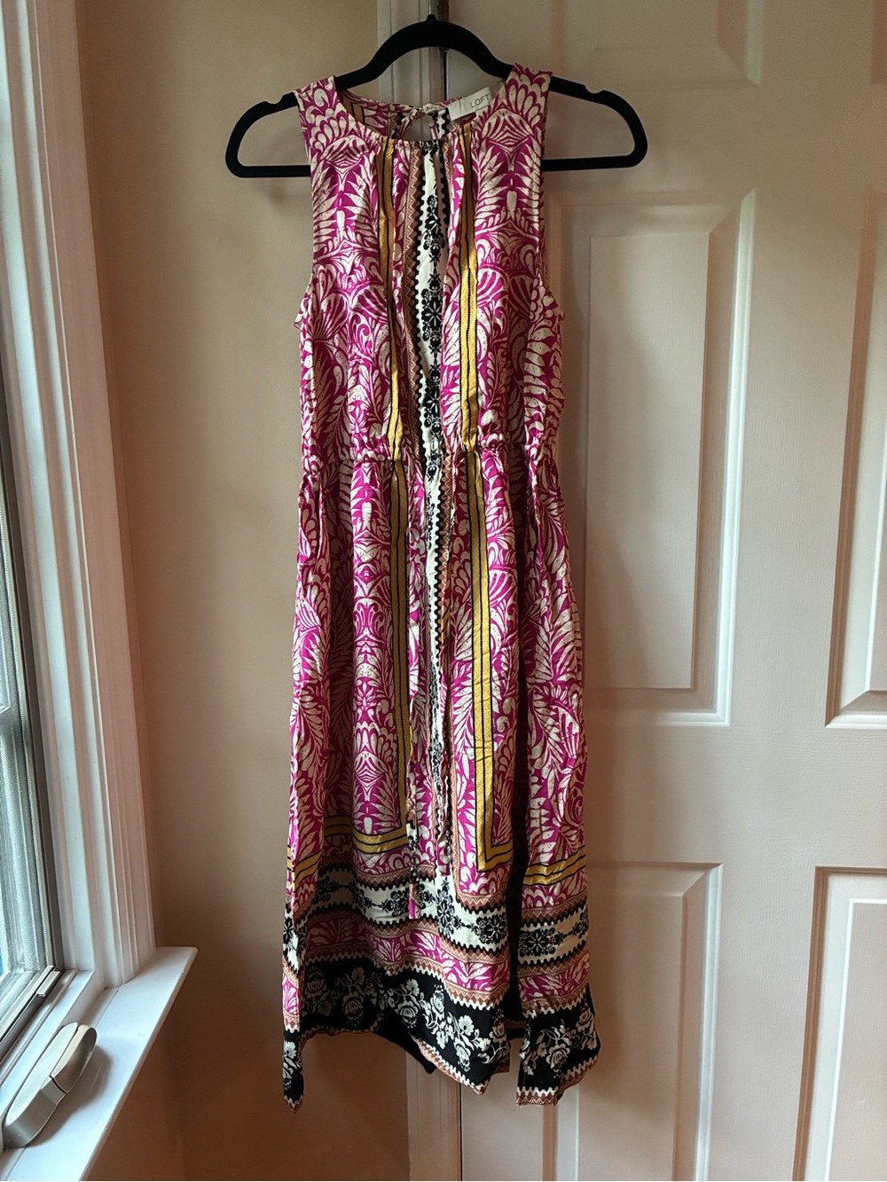 LOFT petite Pink Printed Sleeveless midi Dress with Yellow & Black Accents
